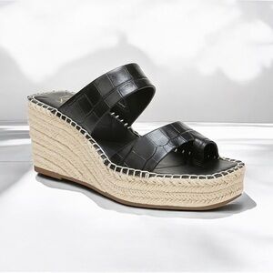 Franco Sarto Clave Black Embossed Croco Leather Espadrille Wedge Sandal Sz 7